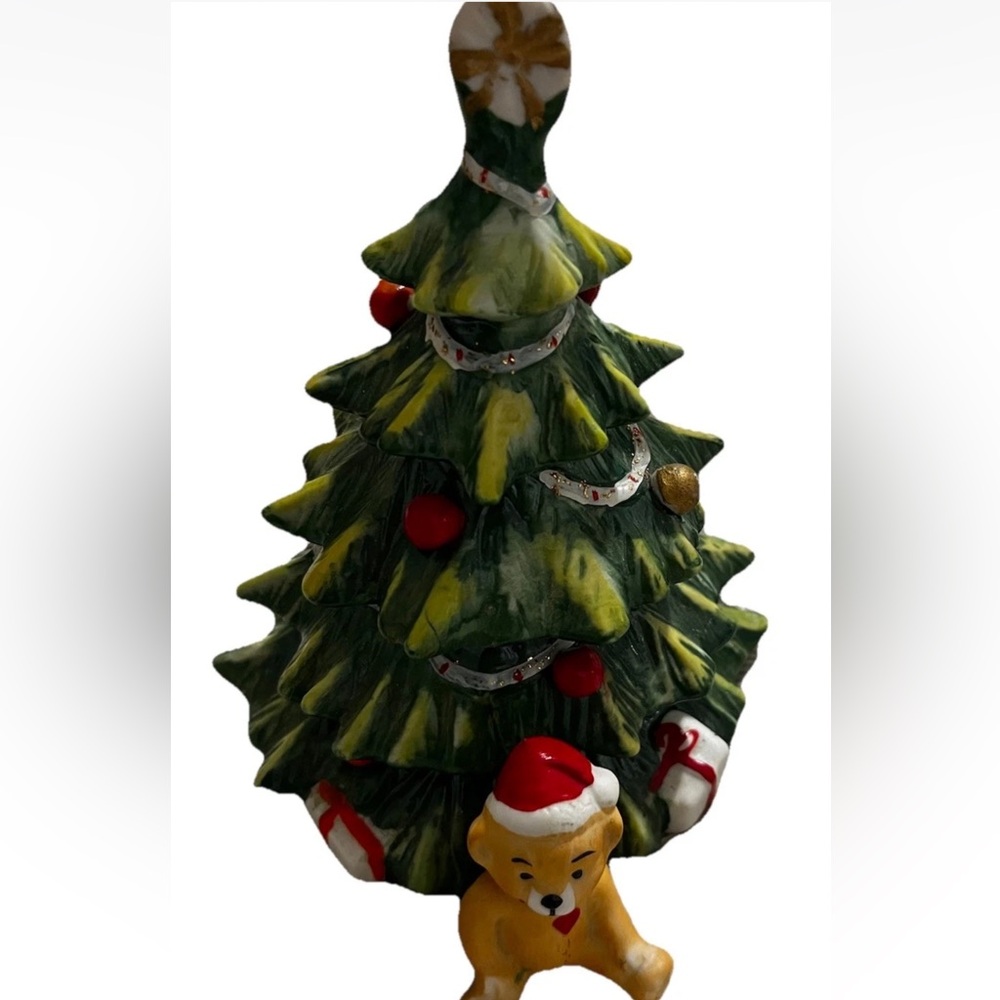 Christmas Tree Music Box With Bear And Presents. It Plays Oh Christmas Tree